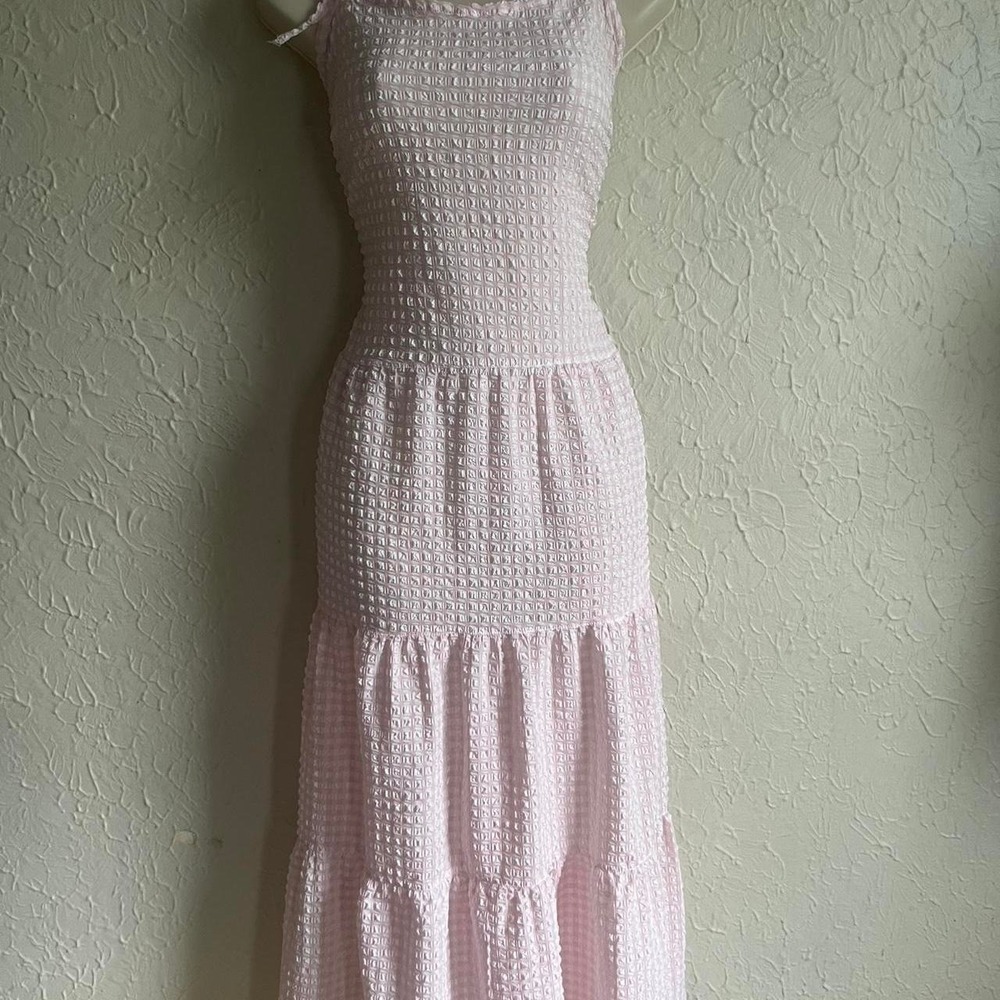 Solid and striped REVOLVE pink and white gingham check tiered maxi dress sz M